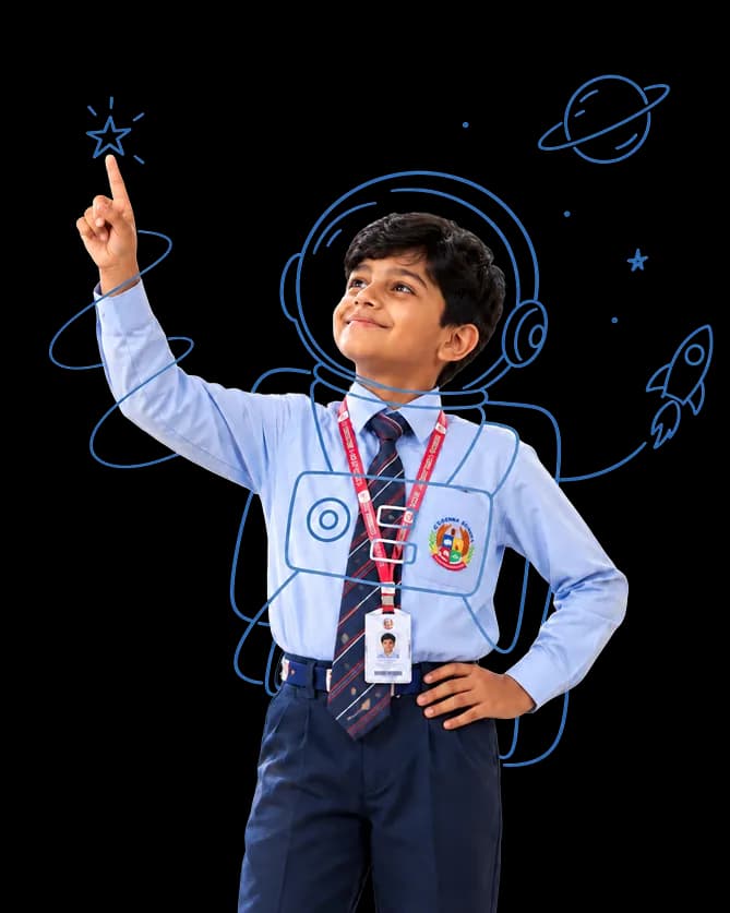 KT Global School student in uniform dreaming of space exploration with astronaut sketch
