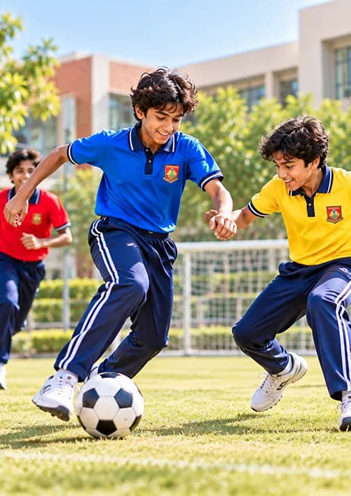 Students playing soccer on the campus sports field