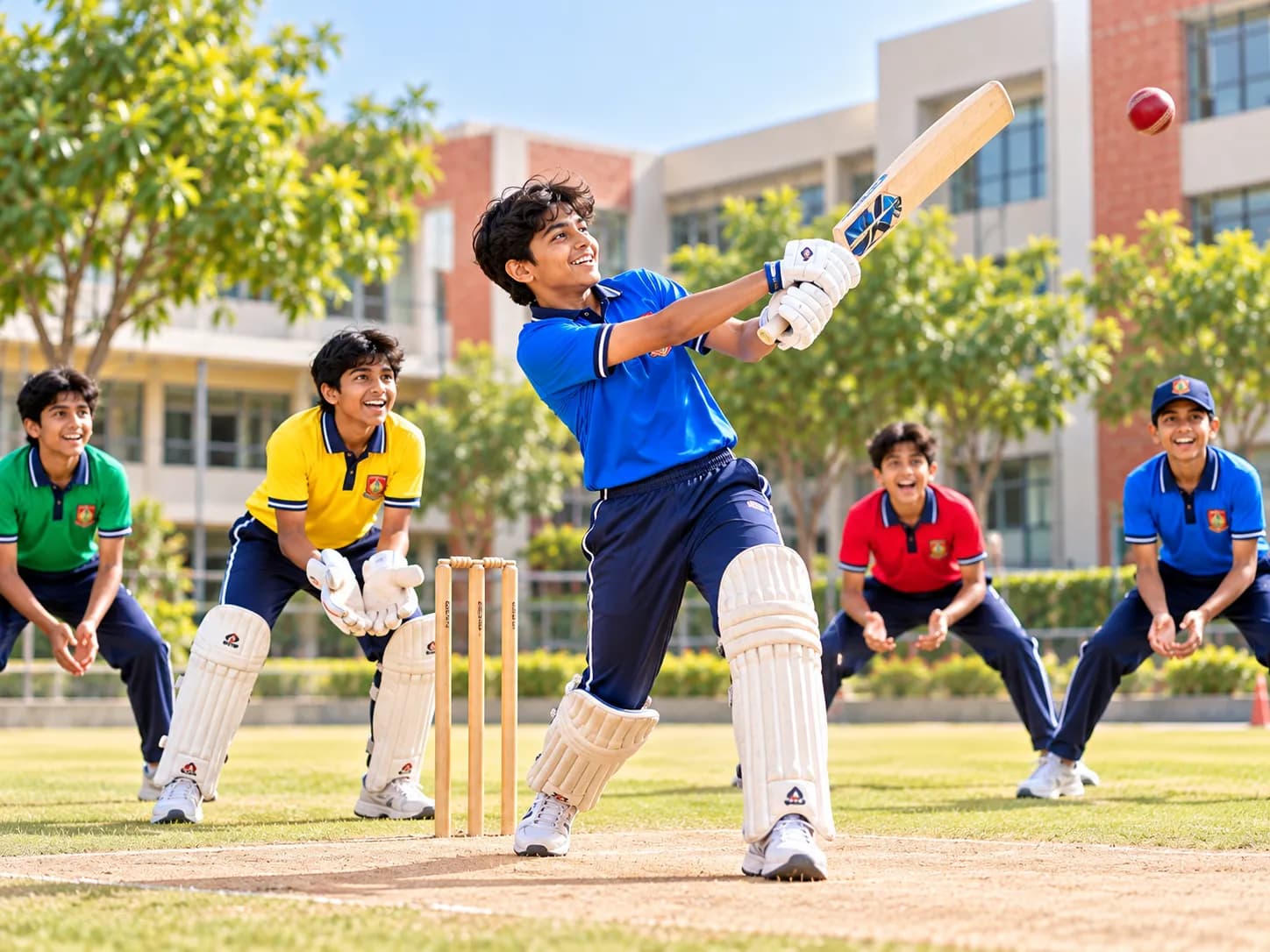 KTGS students playing cricket on campus sports ground
