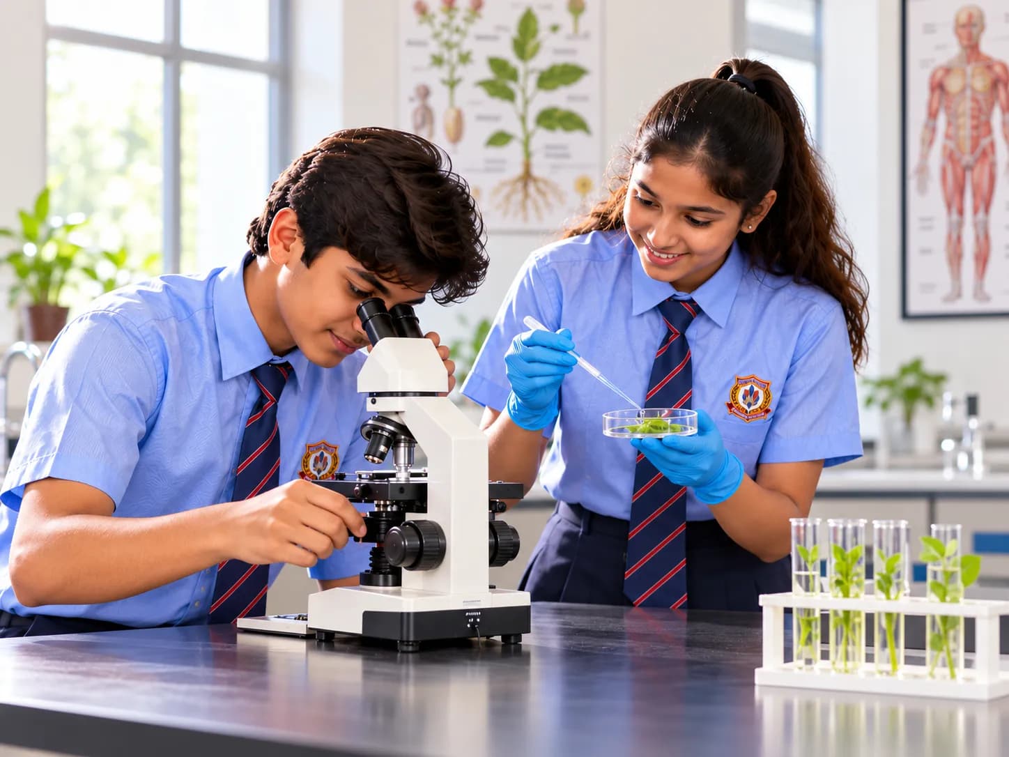 Students exploring with microscope in modern STREAM laboratory