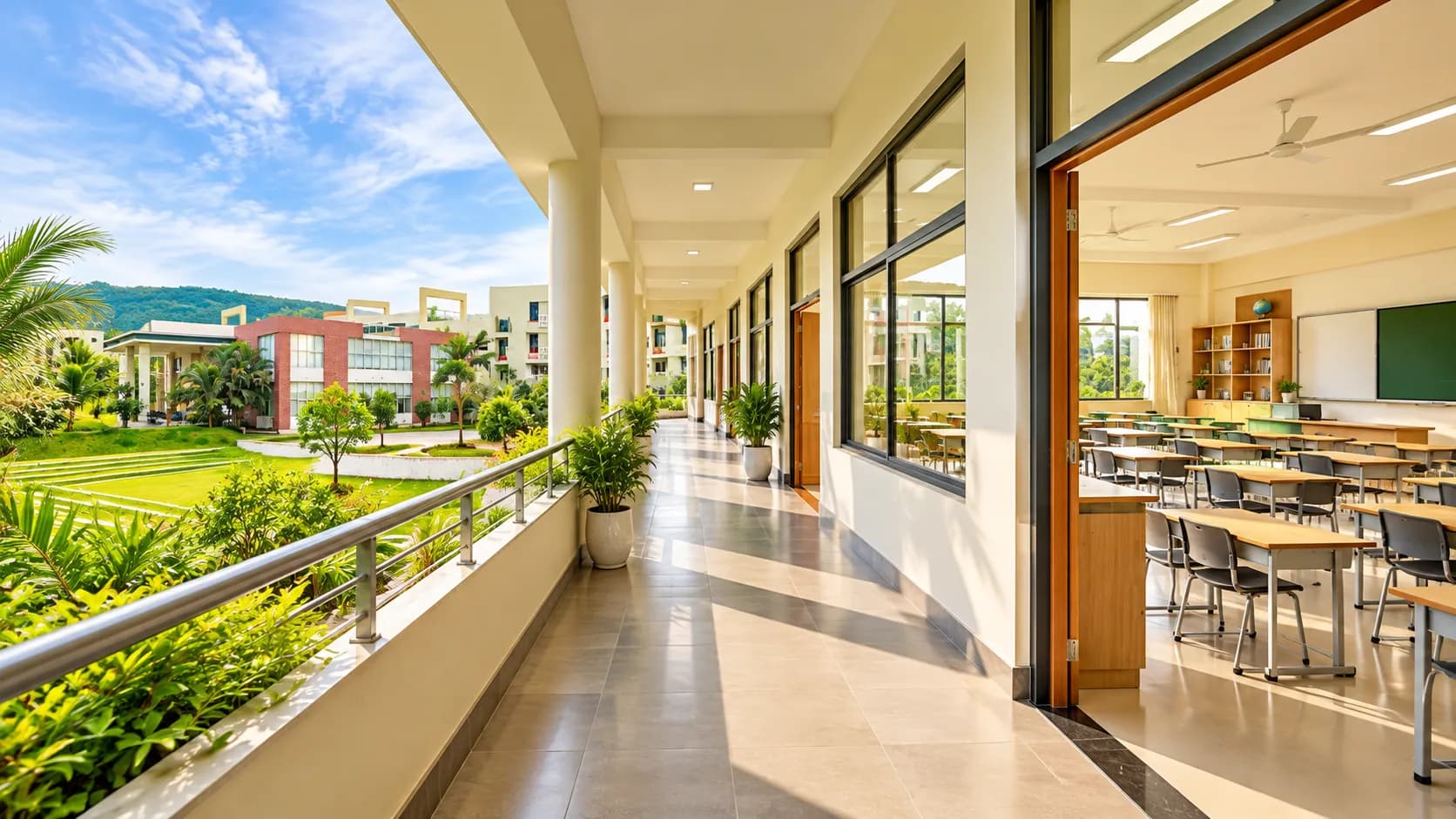Classroom corridor with glass walls and a view of the grounds