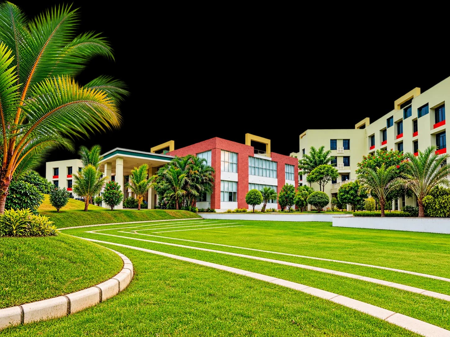 KT Global School Satya Nagar campus building with palm trees and lawn