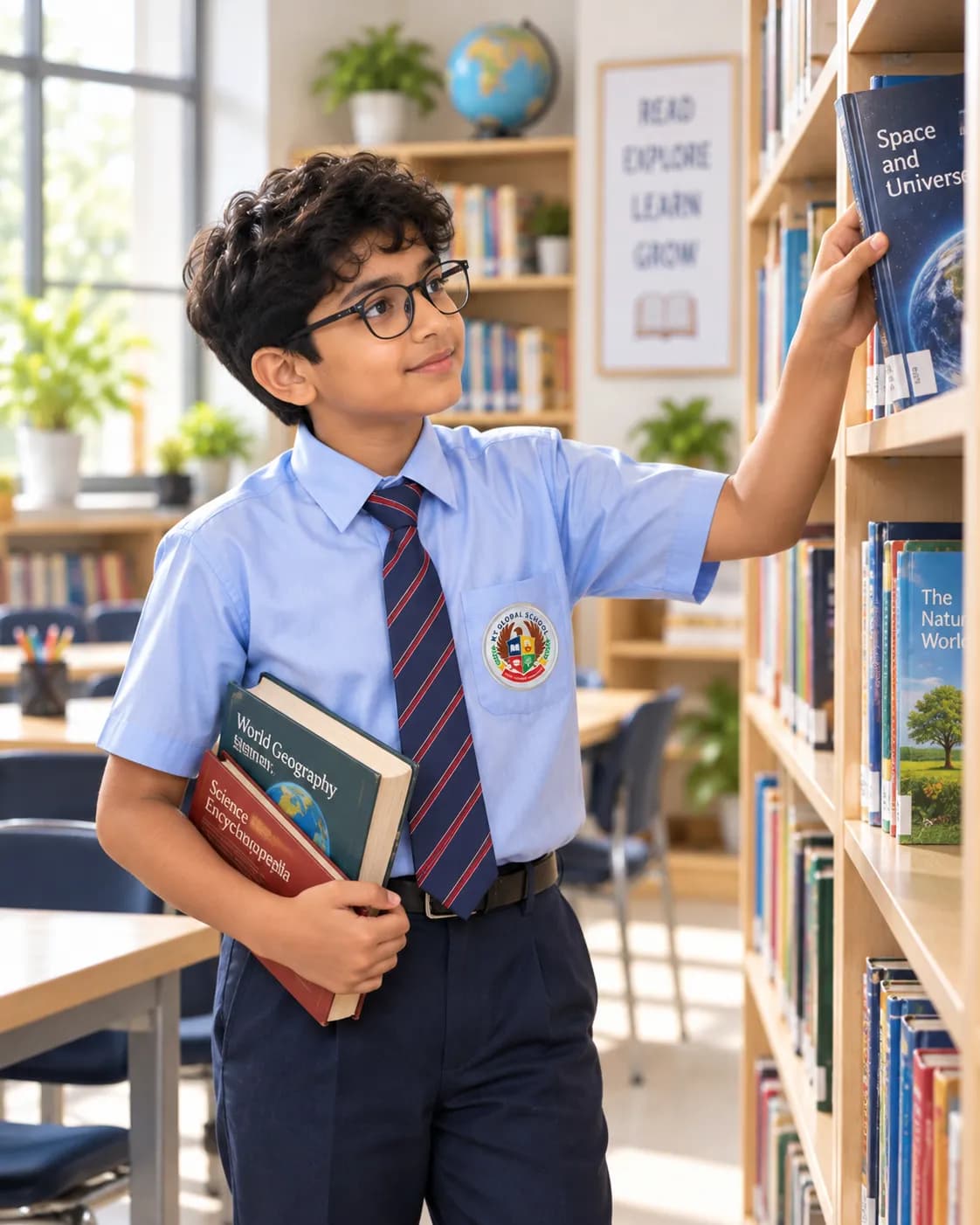 KT Global School student exploring books in academic library